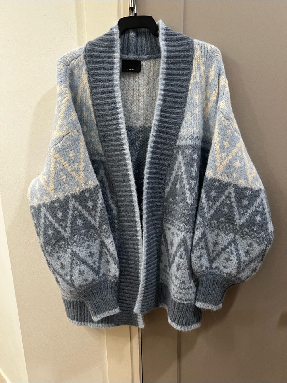 Blue Patterned Open-Front Cardigan Sweater